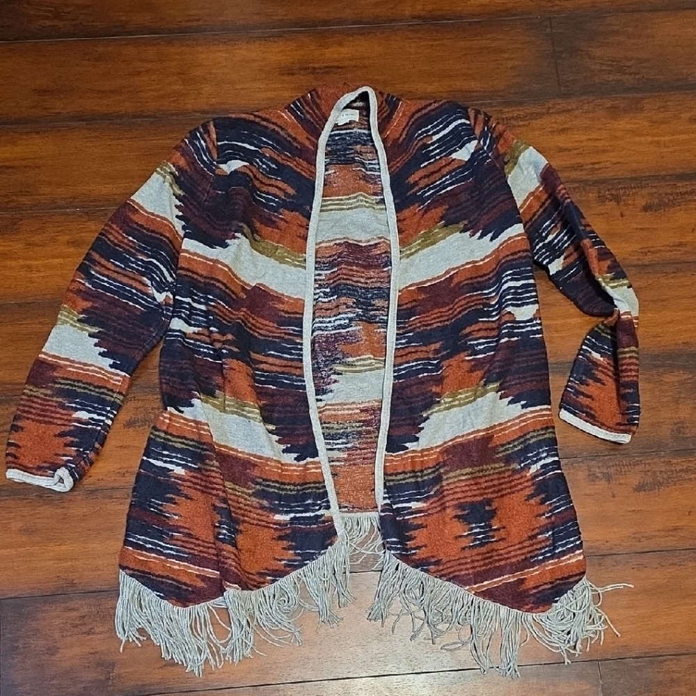 Lucky Brand Open Front Fringe Cardigan in Rust, Navy & Cream